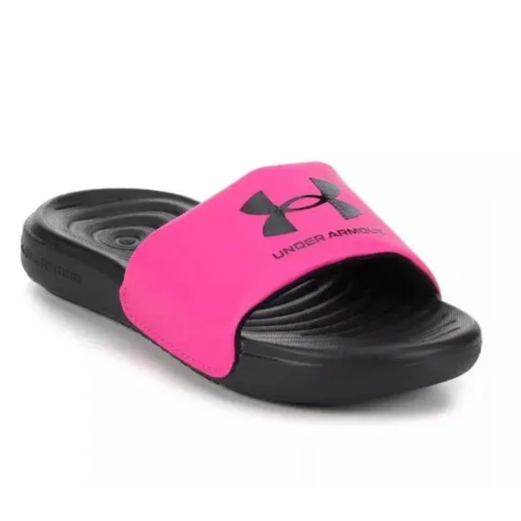 Girls Under Armour Ansa Fixed Slides Athletic Sandals Slip On Pink Black size 13 - Picture 1 of 4